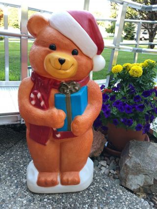 Vintage Empire Teddy Bear With Present Blow Mold Lighted Christmas Decor.