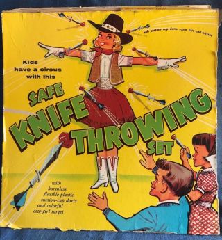 Vintage 1960s Pin Up Girl Cowboy Cowgirl Empire Safe Tin Knife Throwing Set Toy