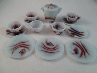 Vintage Akro Agate White Oxblood Childrens Dishes Teapot Sugar Creamer Cups 14pc