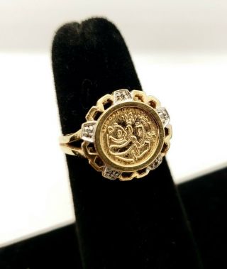 Vintage 10k Solid Yellow Gold Panda Coin Ring With Diamond Accents Size 5.  5