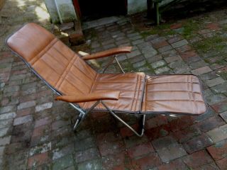 Vintage Outdoor Leather Lawn Chair Folding Mod Metal Reclining Lounge Foot Rest