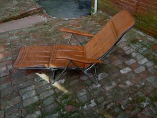 VINTAGE OUTDOOR LEATHER LAWN CHAIR FOLDING MOD METAL RECLINING LOUNGE FOOT REST 3
