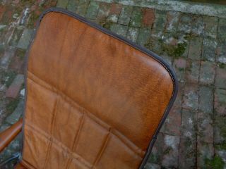 VINTAGE OUTDOOR LEATHER LAWN CHAIR FOLDING MOD METAL RECLINING LOUNGE FOOT REST 8