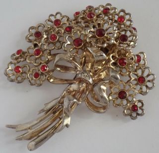 Vintage Derosa Sterling Silver Red Crystal Rhinestone Flower Bouquet Brooch