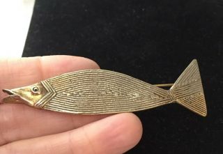 Vintage Jewellery Rare Designer Piece Brass Fish Brooch By Elisabeth Riveiro