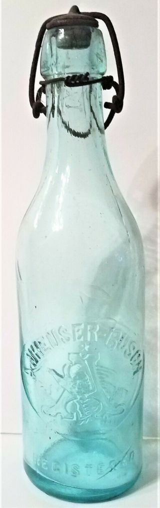 Vintage Anheuser Busch Aqua Glass Bottle Blob Top W/ Stopper.