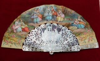 Antique Mother Of Peal And Paper Hand Fan