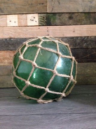 Antique Vintage Huge 12 " Green Glass Fishermans Floats Rope Net Nautical Seaside
