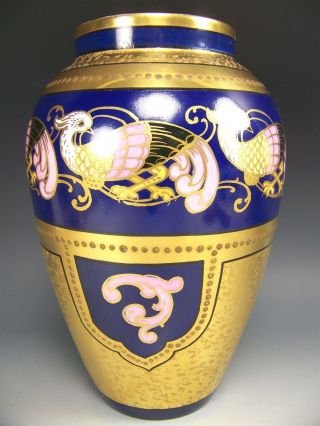 Limoges Hand Painted " Bordure Antique " Pattern Cobalt Blue Vase