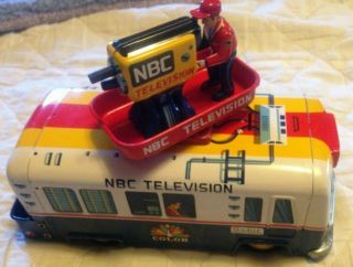 Vintage Cragstan Tin Battery Operated RCA - NBC Mobile Color TV Truck Bus 11