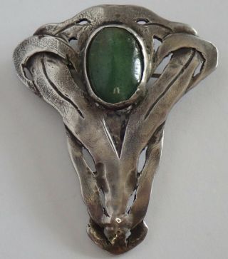 Antique Arts & Crafts Sterling Silver Green Aventurine Pendant Brooch