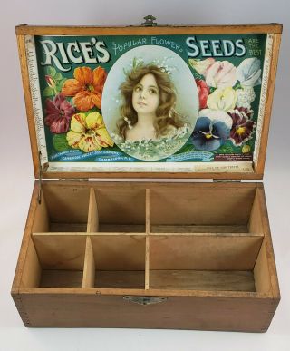 Vintage Antique Rice’s Seed Advertising Box Wood General Store Display