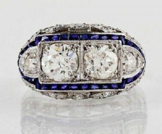 3.  20 Ct Antique Vintage Art Deco Calibre Engagement 2 Stone Blue Sapphire Silver