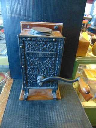 Telephone Coffee Grinder Antique Arcade Burr Mill Wall Mount Victorian Cast Iron
