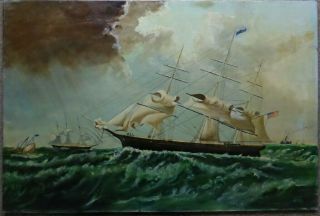 Vintage Maritime Marine Sailing Ship Oil Painting Signed By J Mcc