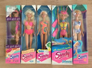 5 X Sindy Dolls: Fiji,  Monte Carlo,  Paradise Swimming & Swim Time,  In Boxes