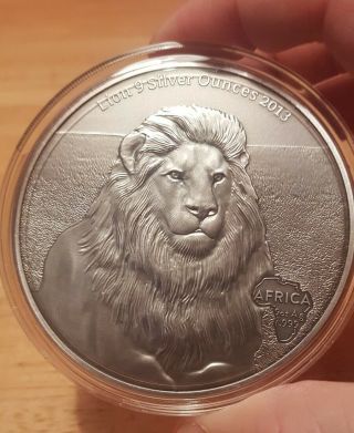 Coin Silver 9 Oz 2013 Lion 10 000 Francs Cfa Gabon Antique Finish