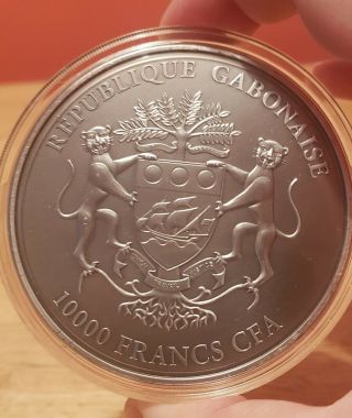 Coin Silver 9 Oz 2013 Lion 10 000 Francs CFA Gabon Antique Finish 2
