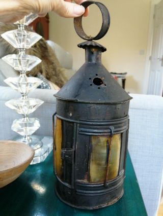 Rare Vintage Punched Tin Candle Lantern Cow Horn Instead Of Glass Primitive
