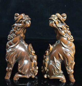 Collectable Old Auspicious Handwork Boxwood Carve Roaring Kylin One Pair Statues 2