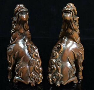 Collectable Old Auspicious Handwork Boxwood Carve Roaring Kylin One Pair Statues 3