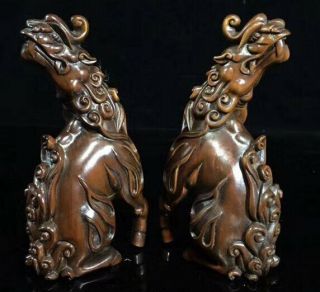 Collectable Old Auspicious Handwork Boxwood Carve Roaring Kylin One Pair Statues 4