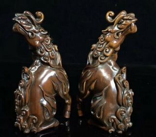 Collectable Old Auspicious Handwork Boxwood Carve Roaring Kylin One Pair Statues 5