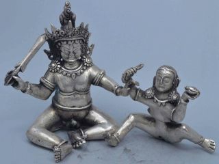 Collectable Souvenir Handwork Miao Silver Carve Two Dance Sexy Buddha Old Statue