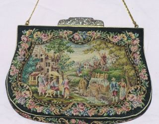 Vintage Jolles Petit Point Made In Austria Handbag Purse Tapestry Farm Pattern