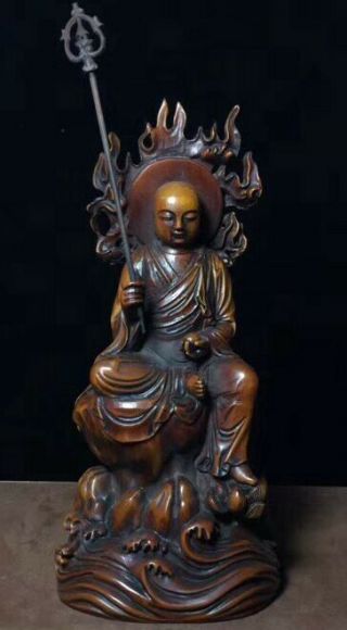 Collectable Royal Handwork Boxwood Carve Old Pray Lotus Buddha Delicate Statue