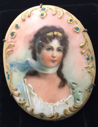 Antique Vintage Porcelain Portrait Brooch Pin Hand Painted C Clasp Queen Louise