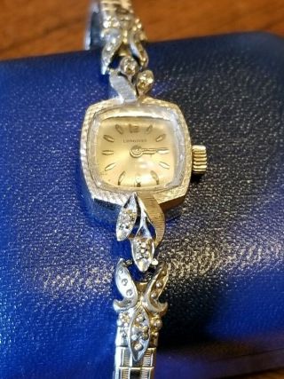 Vtg Longines 14k Solid White Gold Diamond Ladies Watch 17 Jewel Cal 410 Estate