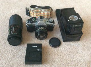 Vintage Canon Ae1 35mm Camera With Flash,  Extra Lens And Strap
