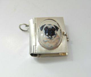 Vintage Enamel Pug Dog Photo Book Locket Pendant Solid Silver 20grams