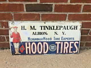 Early Tin Hood Tires Tin Tacker Sign Gas Oil Vintage Old