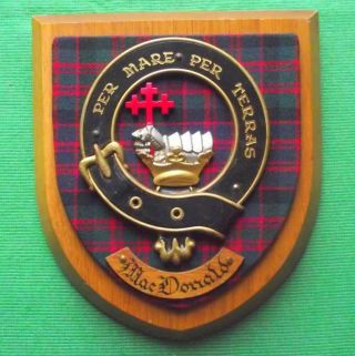 Vintage Scottish Hand Carved Oak Clan Macdonald Tartan Plaque Crest Shield