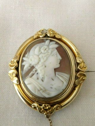 Antique Victorian Large Carved Shell Cameo Mourning Brooch,  Pinchbeck Surround