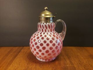 Fenton/l.  G.  Wright " Baby Coin Dot " Glass Syrup Pitcher Cranberry Opalescent Vtg