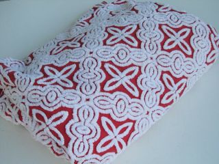 Vintage Hofmann Chenille Bedspread Red White Full Size - Good Shape