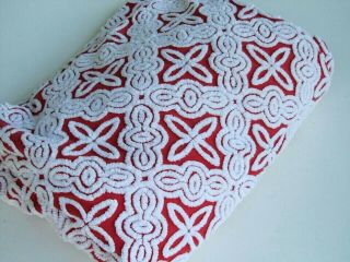 Vintage HOFMANN Chenille Bedspread RED WHITE FULL Size - Good Shape 7