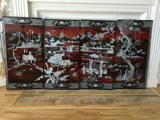4 Vintage Oriental Asian Laquer Mother of Pearl Wood Hanging Wall Panels 2