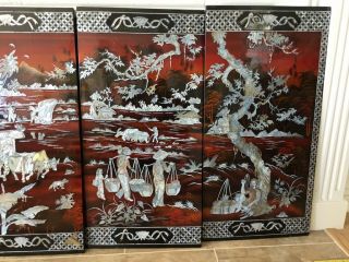 4 Vintage Oriental Asian Laquer Mother of Pearl Wood Hanging Wall Panels 4