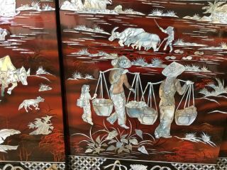 4 Vintage Oriental Asian Laquer Mother of Pearl Wood Hanging Wall Panels 5