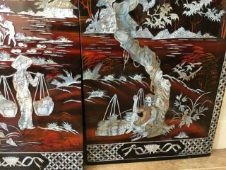 4 Vintage Oriental Asian Laquer Mother of Pearl Wood Hanging Wall Panels 6