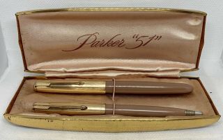 Vintage 2k Gold Gilled Cap Parker 51 Fountain Pen And Mechanical Pencil Set