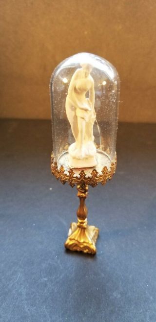 Antique Ormolu Fancy Stand With Glass Dome Covered Statue Of Woman