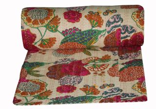 Vintage Floral Print Kantha Quilt Throw Handmade Cotton Gudri Indian Bedspread