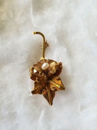 Antique Vintage Solid 18k Yellow Gold Orchid Pearl Brooch Pin