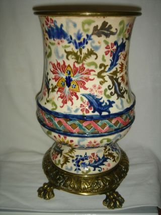 ANTIQUE FISCHER BUDAPEST RETICULATED COLOURFUL OIL LAMP BASE ZSOLNAY INT 2