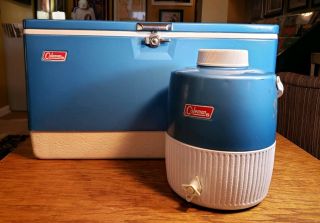 Vintage Coleman Metal Cooler Ice Chest Box Blue W/ Bottle Opener W/ Water Jug
